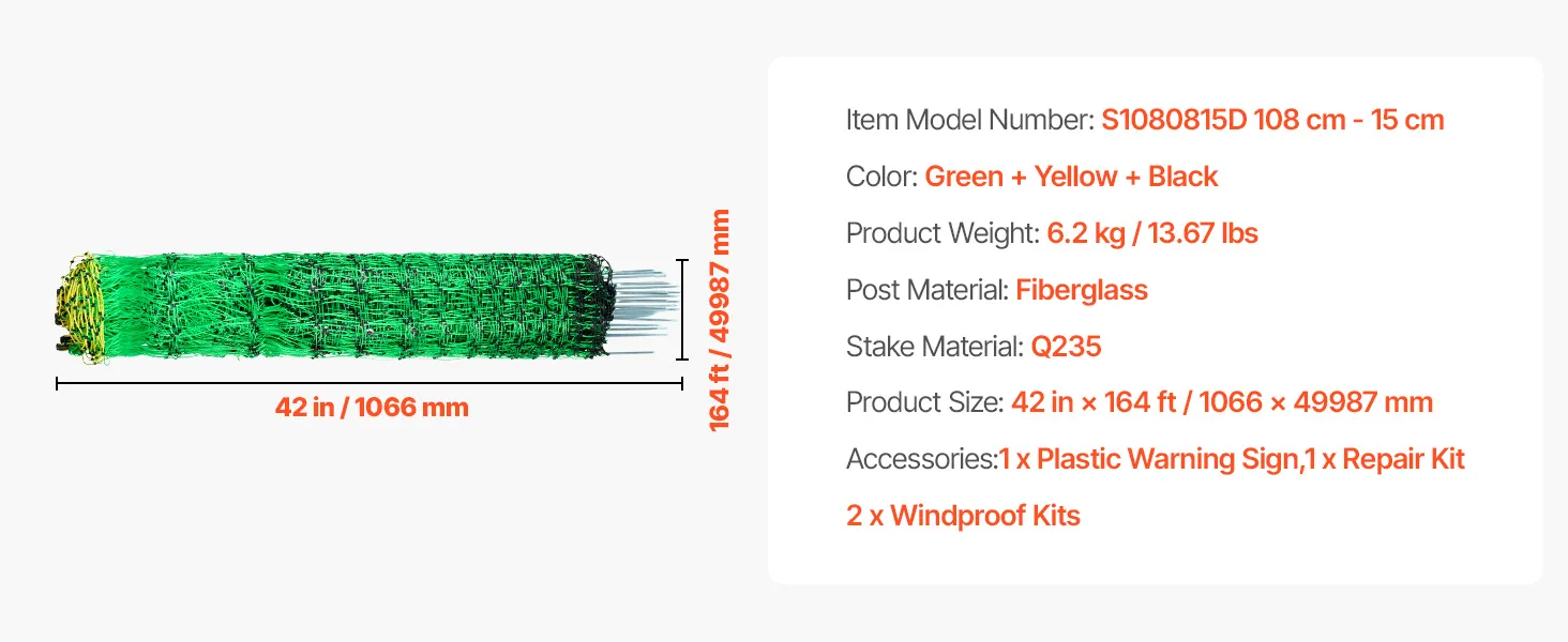 VEVOR electric fence netting, green, yellow, black colors, fiberglass posts, with accessories and dimensions.