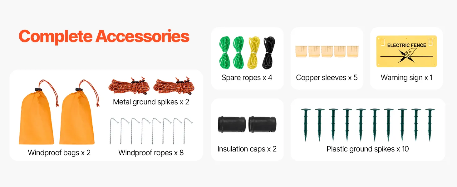 double-spiked steel stakes, solid fiberglass posts, and windproof ropes stabilize VEVOR electric fence netting.