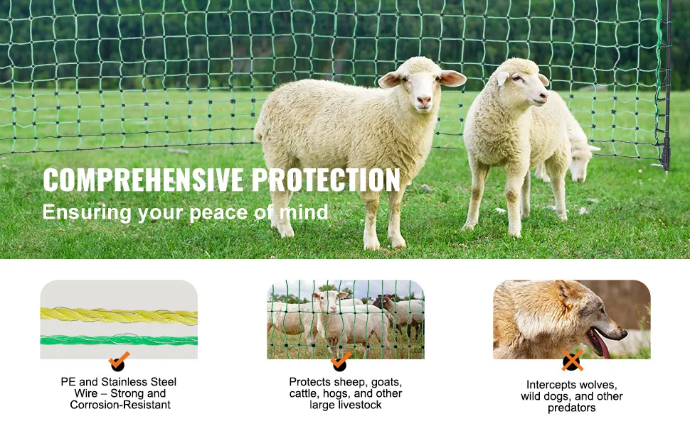 VEVOR Electric Fence Netting, 42" H x 164' L, PE Net Fencing with Posts & Double-Spiked Stakes, Utility Portable Mesh for Goats, Sheep, Lambs, Deer, Hogs, Dogs, Used in Backyards, Farms, and Ranches