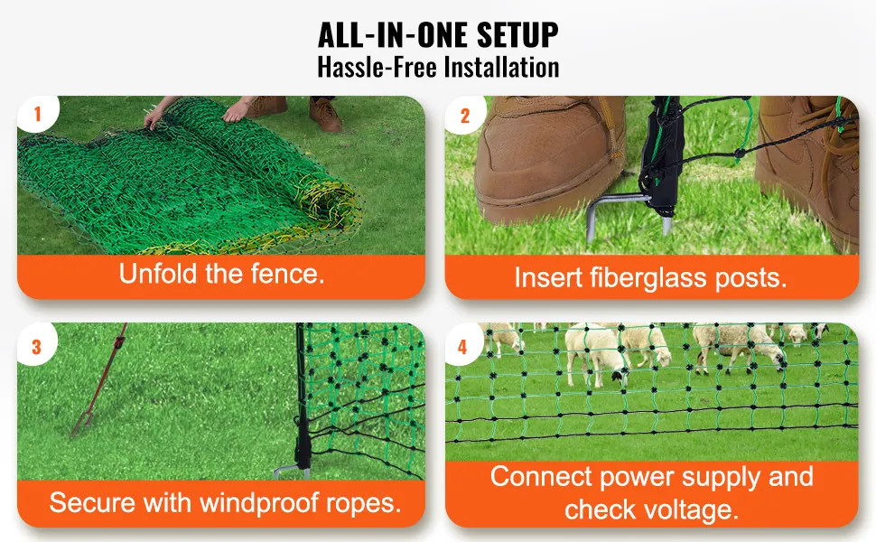 VEVOR Electric Fence Netting, 42" H x 164' L, PE Net Fencing with Posts & Double-Spiked Stakes, Utility Portable Mesh for Goats, Sheep, Lambs, Deer, Hogs, Dogs, Used in Backyards, Farms, and Ranches