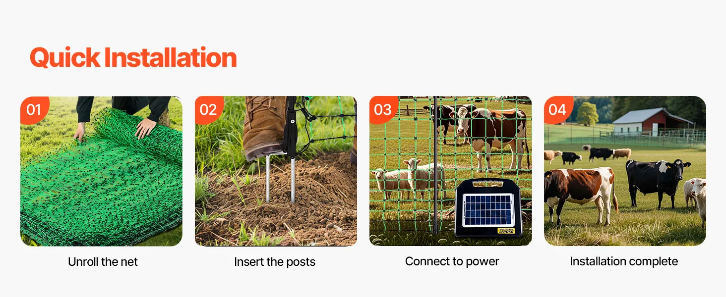 VEVOR electric fence netting installation steps and accessories for secure livestock containment.