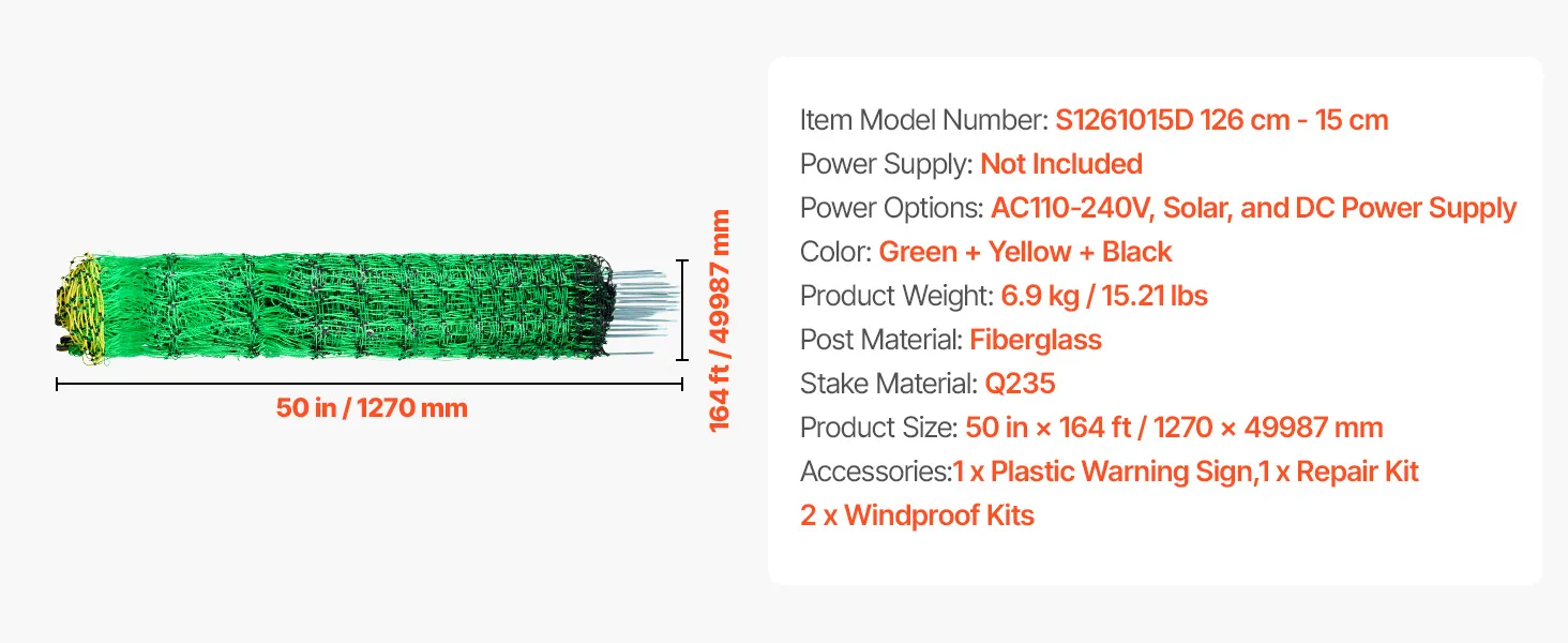 VEVOR elektrisch hekwerk, 50 meter lang, groen, geel en zwart, met kunststof waarschuwingsbord en accessoires.