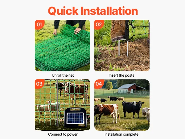 VEVOR elektrisch hekwerk compleet met installatiestappen en accessoires voor een probleemloze installatie.