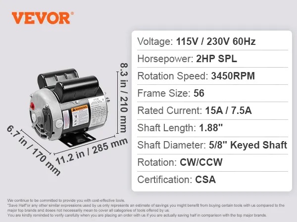 VEVOR air compressor motor with 2hp spl, 3450rpm, 115v/230v, and csa certification.