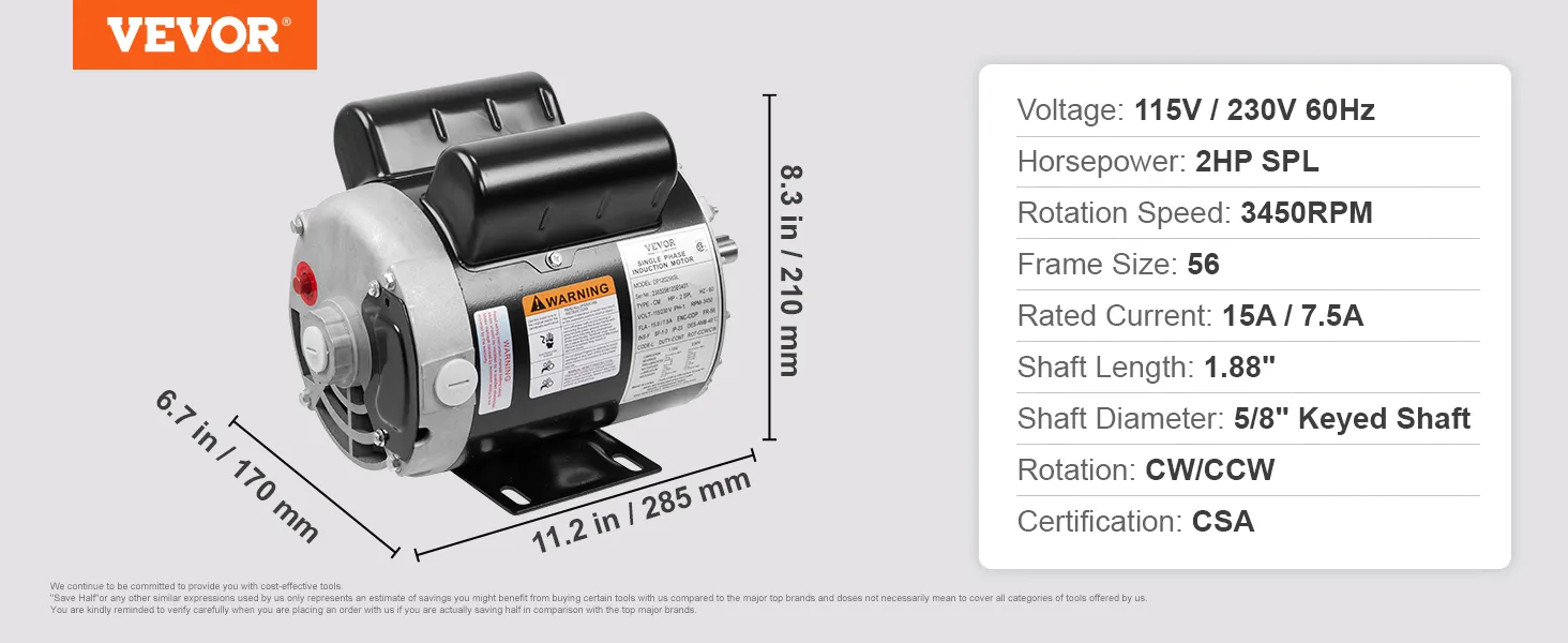 VEVOR air compressor motor with 2hp spl, 3450rpm, 115v/230v, and csa certification.