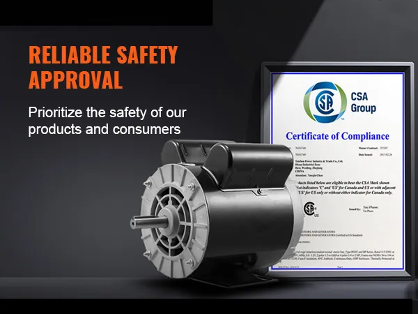 VEVOR air compressor motor with csa compliance certificate and "reliable safety approval" text.