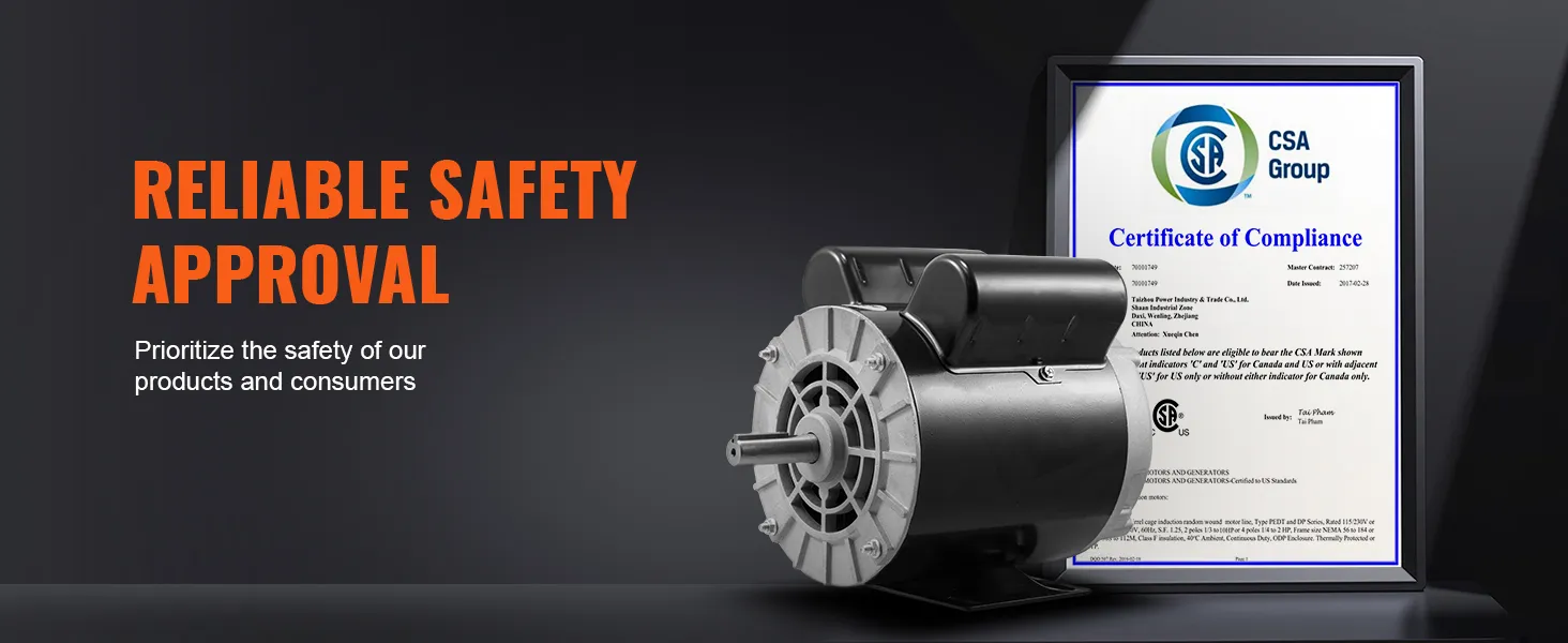 VEVOR air compressor motor with csa compliance certificate and "reliable safety approval" text.