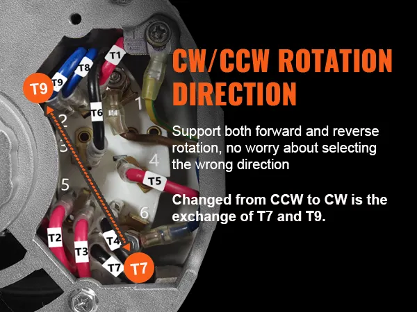 VEVOR air compressor motor wiring diagram with cw/ccw rotation guidance, support for forward/reverse.