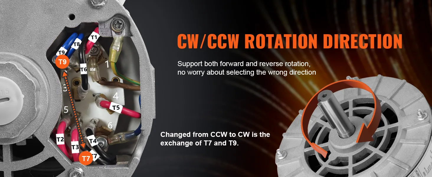 VEVOR air compressor motor wiring diagram with cw/ccw rotation guidance, support for forward/reverse.