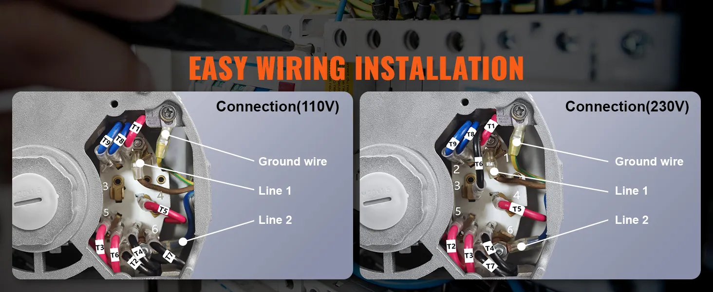VEVOR air compressor motor easy wiring installation diagram for 110v and 230v connections.