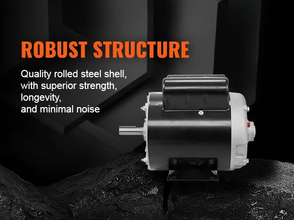 robust structure VEVOR air compressor motor with rolled steel shell for strength, longevity, and low noise.