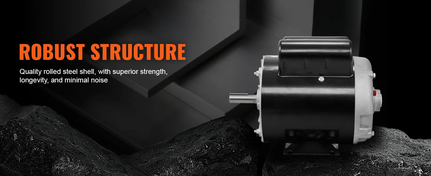 robust structure VEVOR air compressor motor with rolled steel shell for strength, longevity, and low noise.