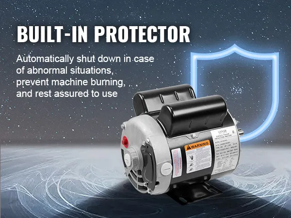 VEVOR air compressor motor with built-in protector, highlighting automatic shutdown for safety.