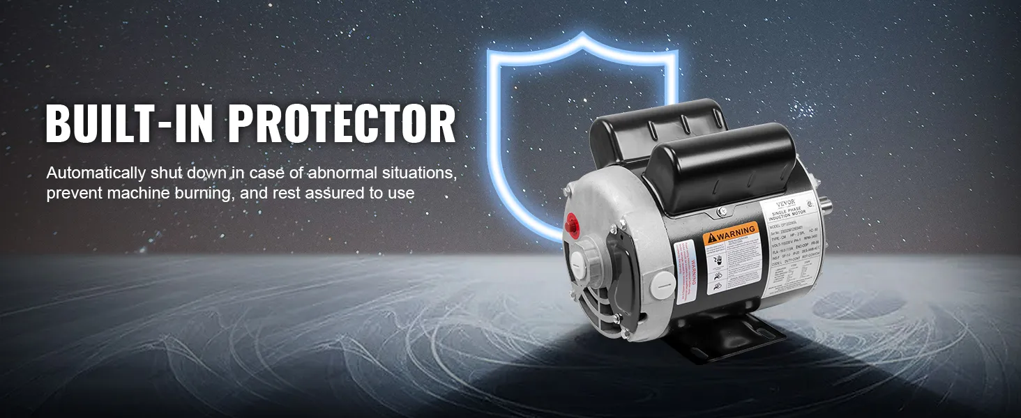 VEVOR air compressor motor with built-in protector, highlighting automatic shutdown for safety.
