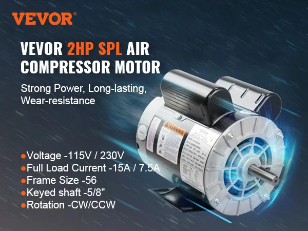 VEVOR 2hp spl air compressor motor, strong power, long-lasting, wear-resistance, 115v/230v.