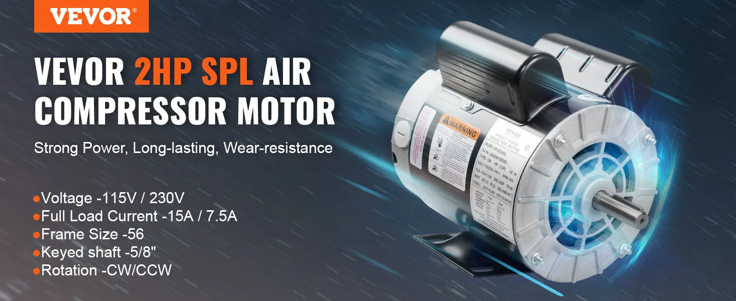 VEVOR 2hp spl air compressor motor, strong power, long-lasting, wear-resistance, 115v/230v.