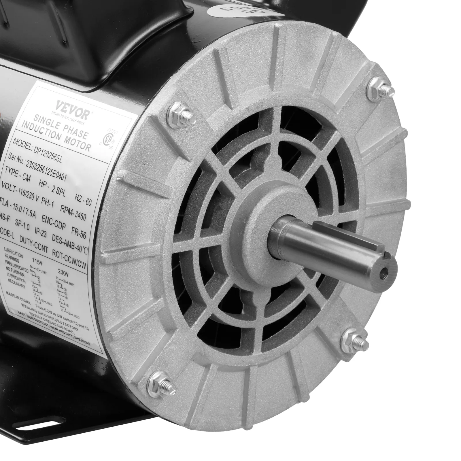 VEVOR air compressor motor close-up, horsepower and voltage details visible on the label.