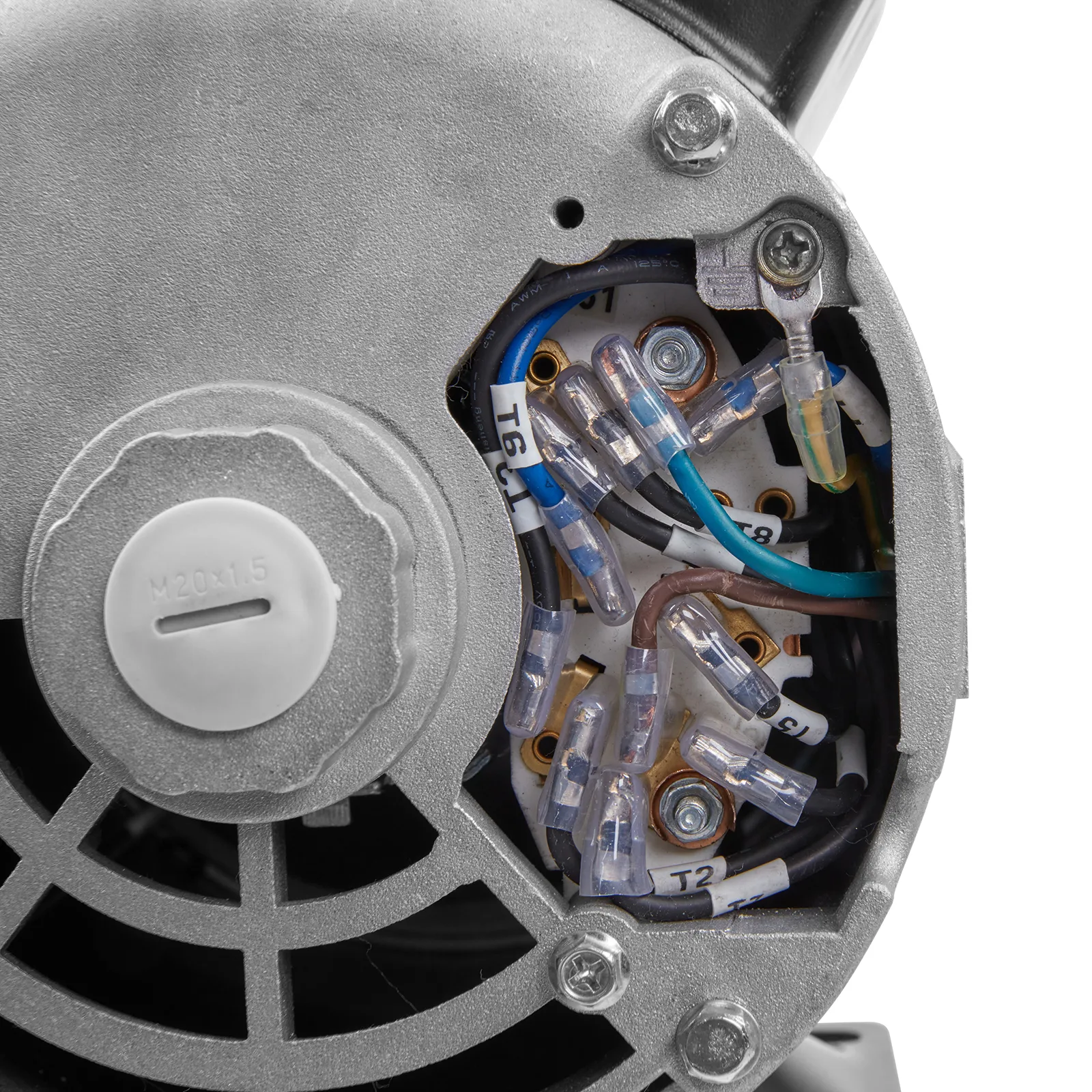 close-up of VEVOR air compressor motor showing internal wiring and labeled terminals.