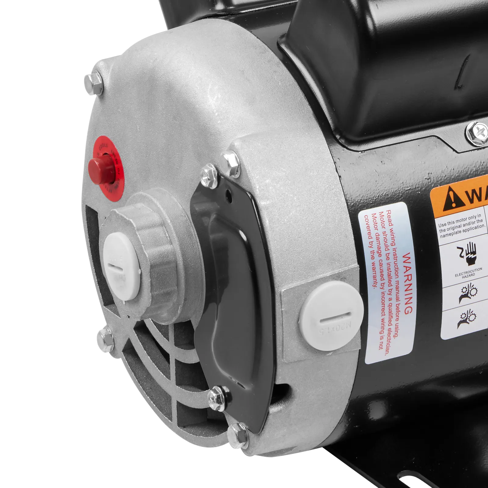 VEVOR air compressor motor close-up, featuring detailed components and warning labels.