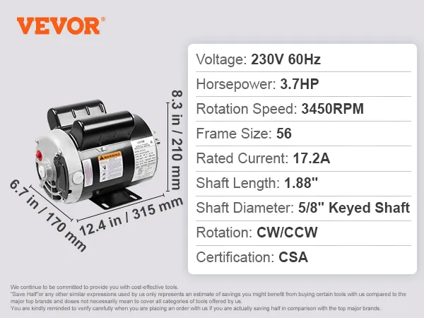 Motor de compresor de aire VEVOR: 230 V 60 Hz, 3,7 HP, 3450 rpm, marco 56, 17,2 A, eje con chaveta de 5/8", certificado CSA.