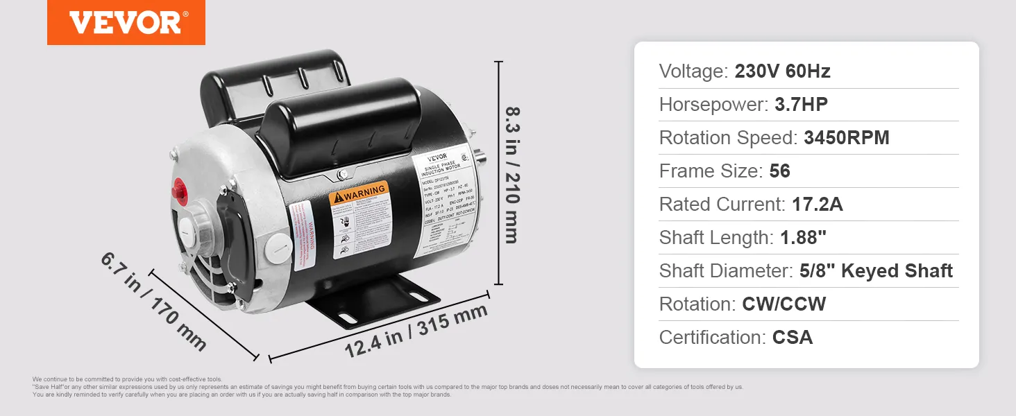 Motor de compresor de aire VEVOR: 230 V 60 Hz, 3,7 HP, 3450 rpm, marco 56, 17,2 A, eje con chaveta de 5/8", certificado CSA.