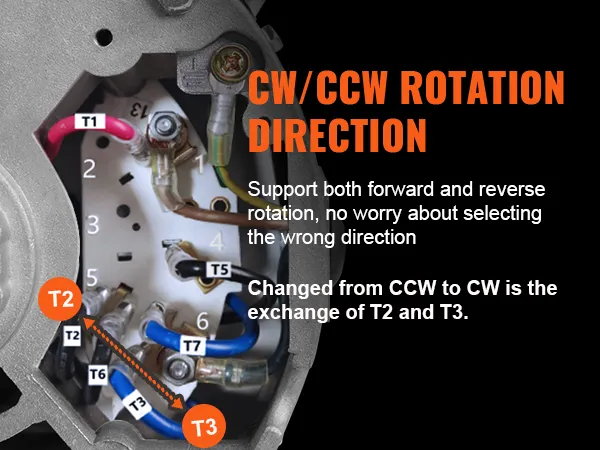 Diagrama de cableado del motor del compresor de aire VEVOR que muestra la dirección de rotación cw/ccw con t2 y t3 indicados.