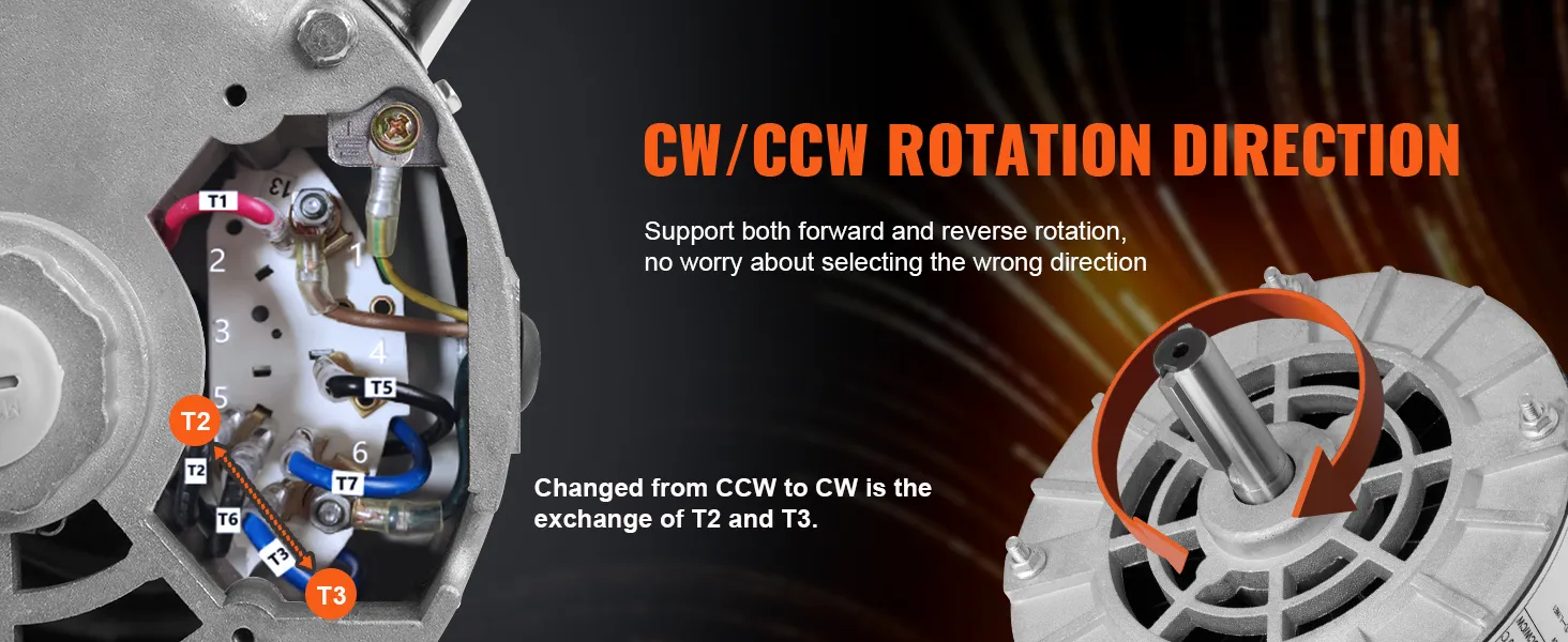 Diagrama de cableado del motor del compresor de aire VEVOR que muestra la dirección de rotación cw/ccw con t2 y t3 indicados.