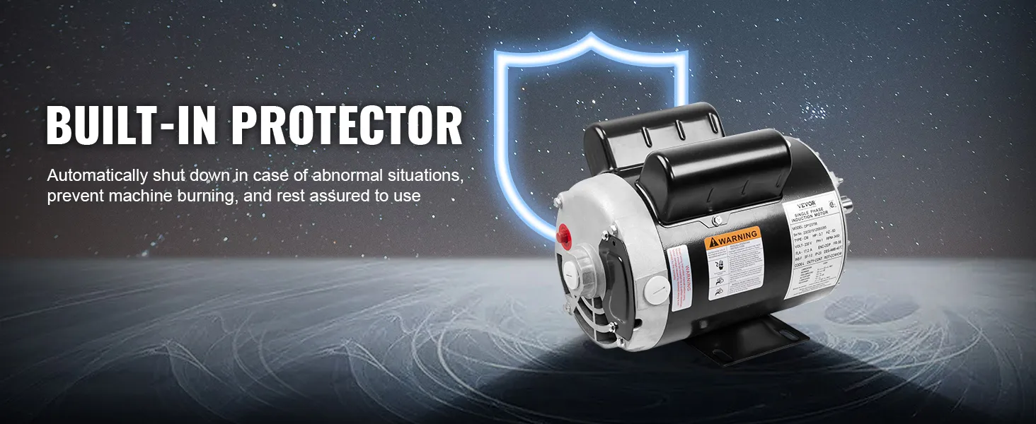 Motor compresor de aire VEVOR con protector incorporado, blindaje contra situaciones anormales para mayor seguridad.