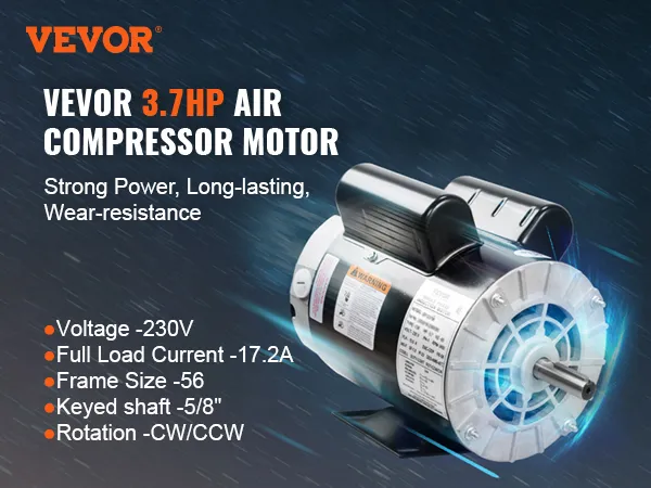 Motor compresor de aire VEVOR de 3,7 hp con 230 V, 17,2 A, marco 56, eje con chaveta de 5/8", sentido horario/antihorario.