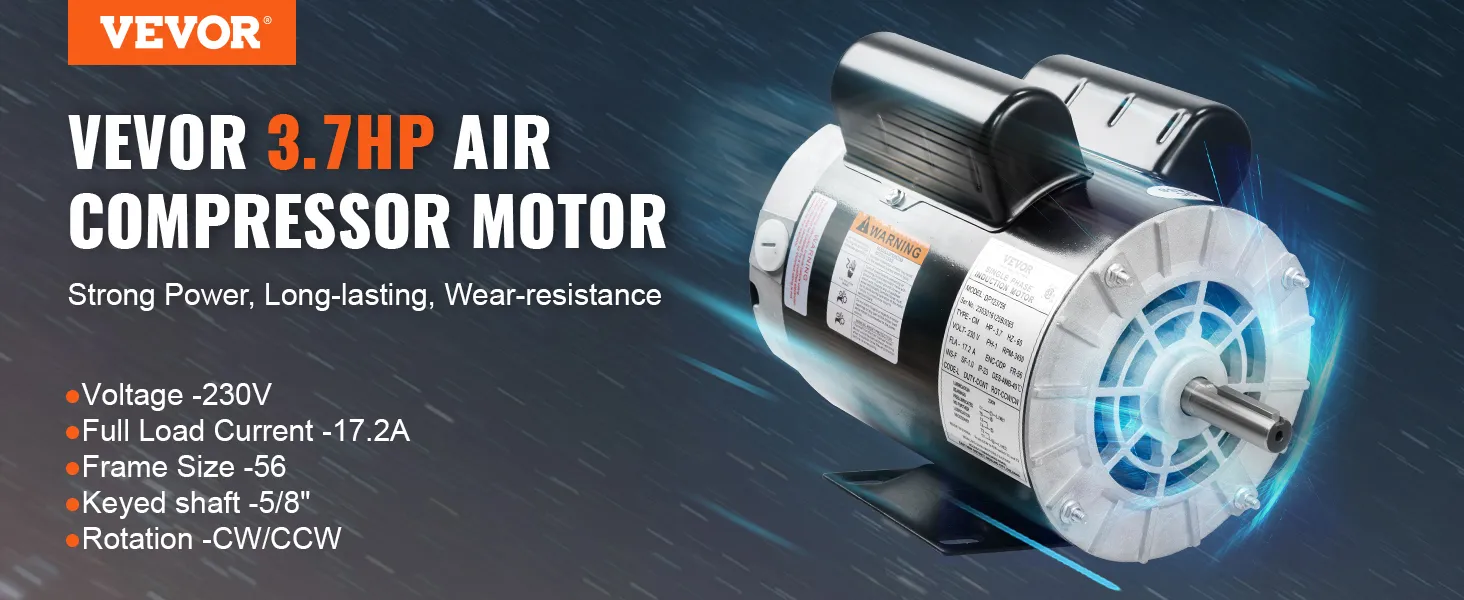 Motor compresor de aire VEVOR de 3,7 hp con 230 V, 17,2 A, marco 56, eje con chaveta de 5/8", sentido horario/antihorario.