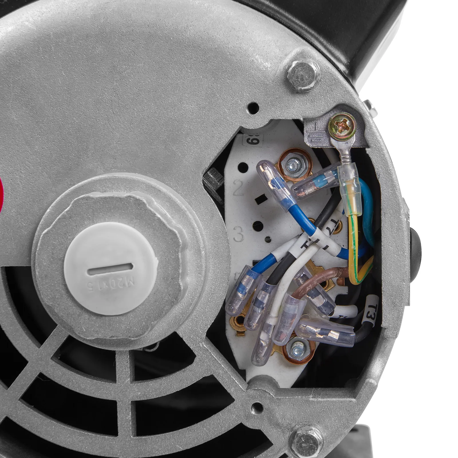 Primer plano del cableado dentro del motor del compresor de aire VEVOR, mostrando conectores y componentes internos.