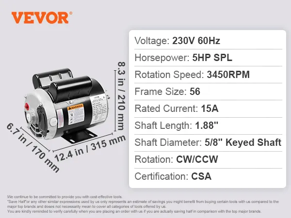 Motor compresor de aire VEVOR con 230v 60hz, 5hp spl, 3450rpm, 15a, certificado csa, dimensiones: 6.7"x12.4"x8.3".