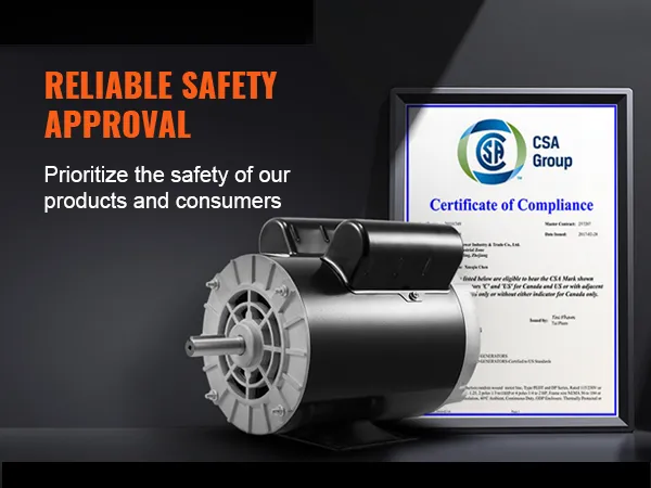 Motor compresor de aire VEVOR con certificado de conformidad con la seguridad del grupo CSA y texto de "aprobación de seguridad confiable".