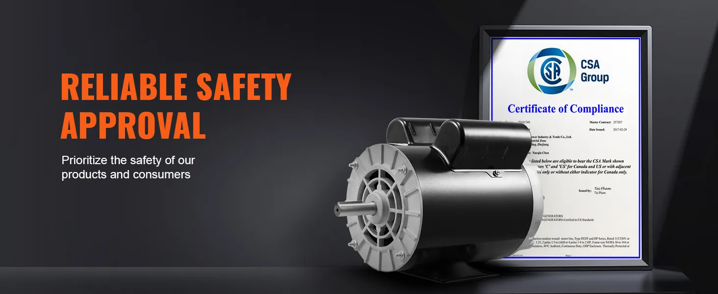 Motor compresor de aire VEVOR con certificado de conformidad con la seguridad del grupo CSA y texto de "aprobación de seguridad confiable".