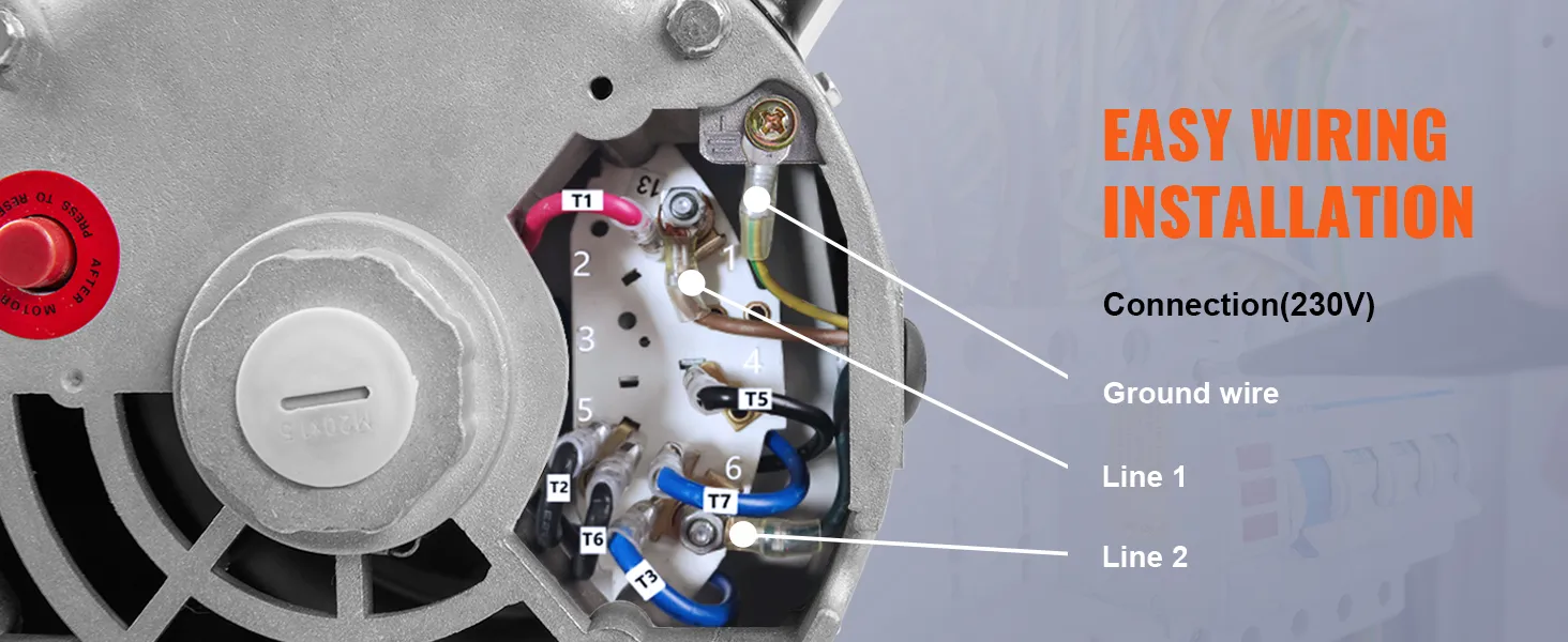 Motor compresor de aire VEVOR con guía de cableado detallada, que incluye puntos de conexión para 230 V, tierra, línea 1 y línea 2.