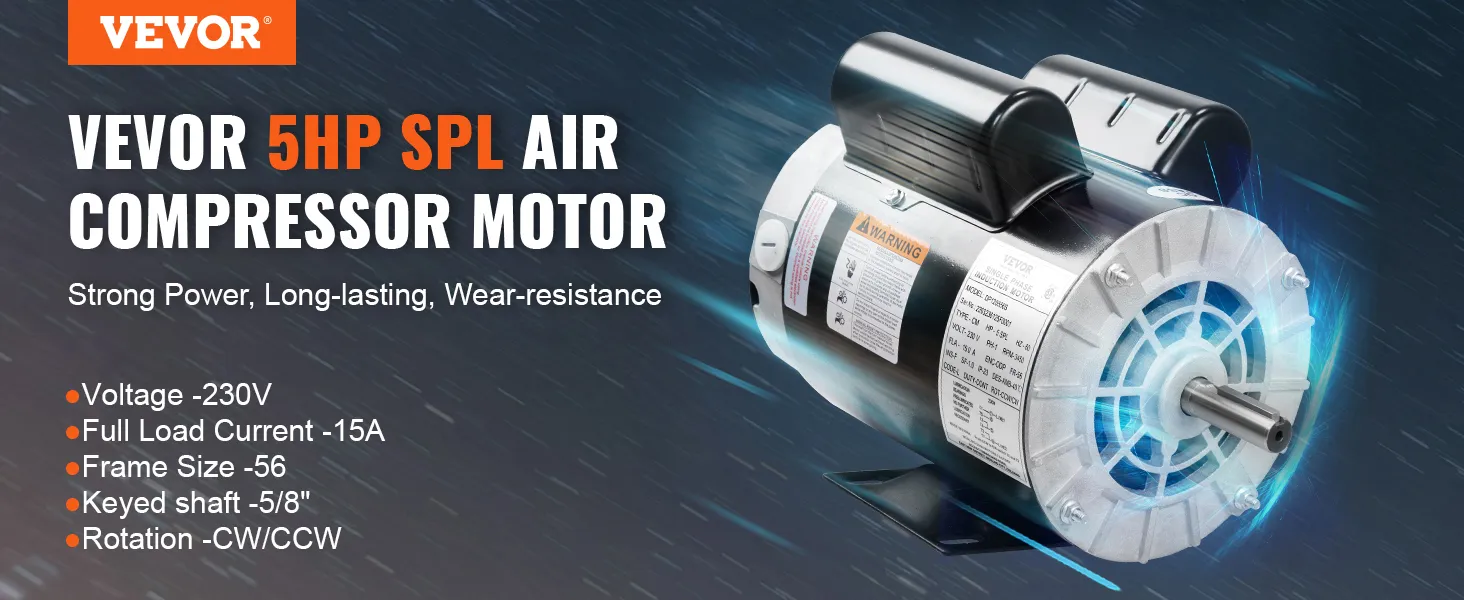 Motor compresor de aire VEVOR 5hp spl con gran potencia, durabilidad y resistencia al desgaste. Voltaje 230v, marco 56.