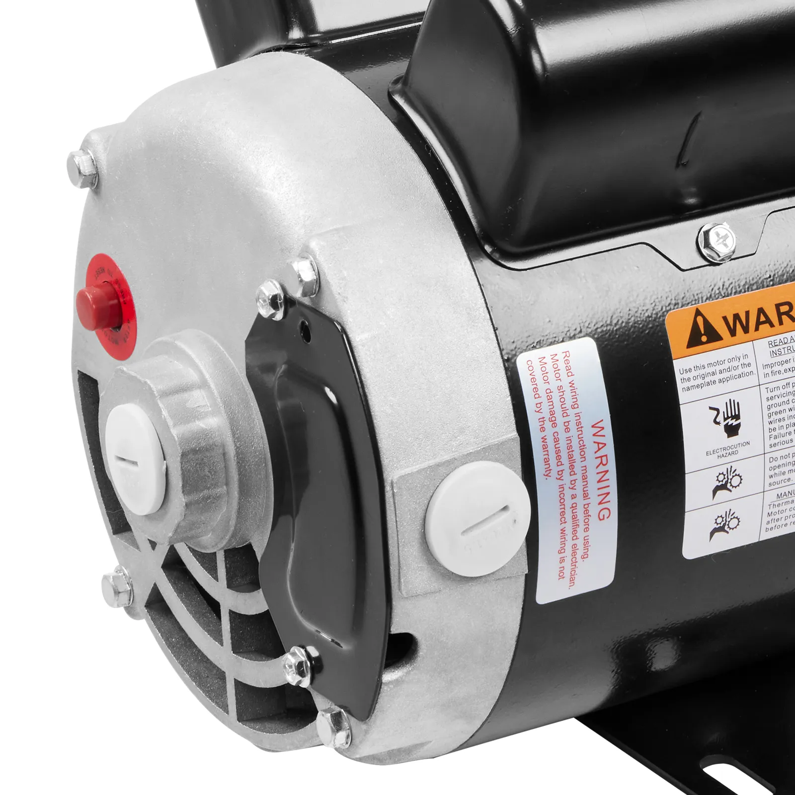 Primer plano de un motor de compresor de aire VEVOR con etiquetas de advertencia y puertos de conexión.