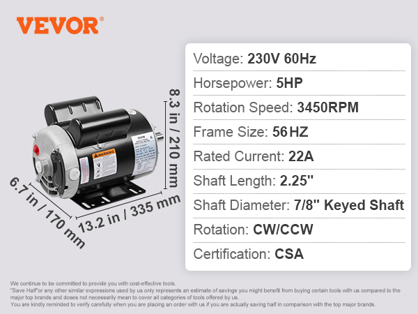 べべページ VEVOR 5HP Air Compressor Motor, 230V 22 Amps Electric Motor
