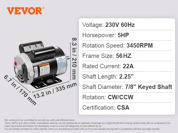 Motor compresor de aire VEVOR de 5 hp, 230 V, 60 Hz, 3450 rpm, marco de 56 Hz, certificado por CSA, 22 A, eje con chaveta de 7/8".