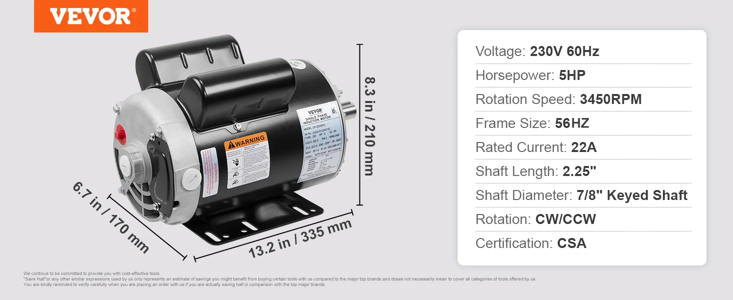 Motor compresor de aire VEVOR de 5 hp, 230 V, 60 Hz, 3450 rpm, marco de 56 Hz, certificado por CSA, 22 A, eje con chaveta de 7/8".
