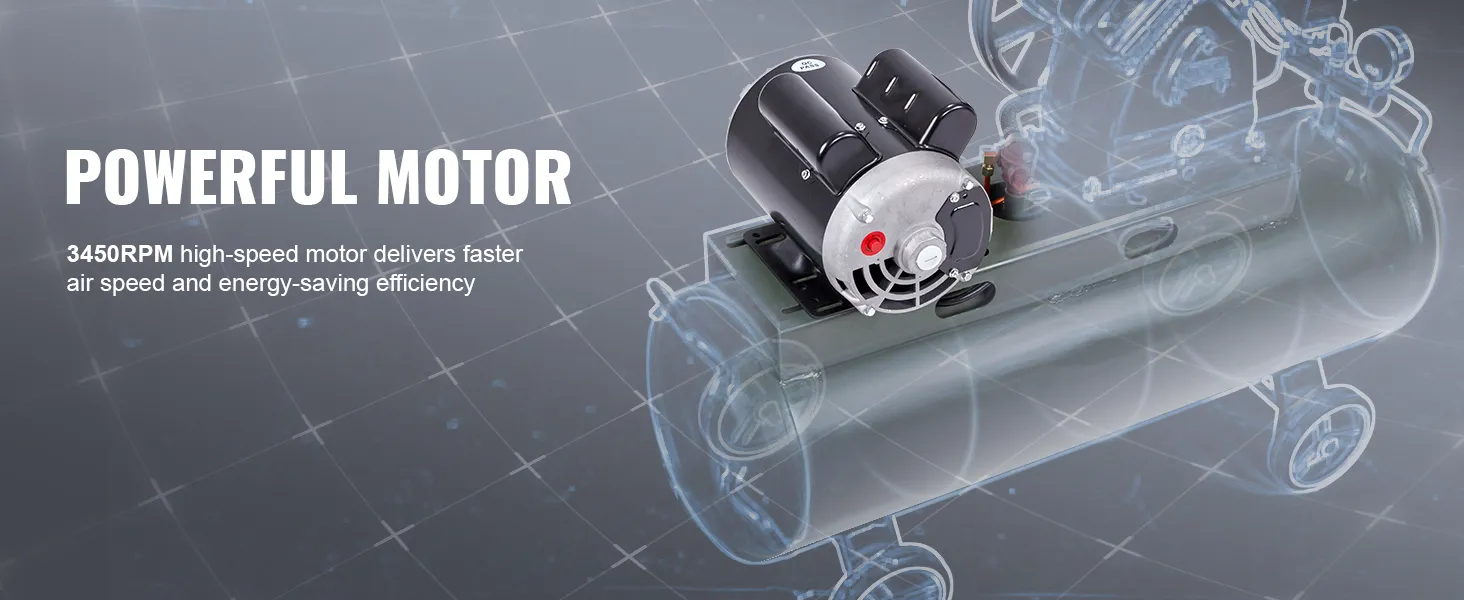 Motor compresor de aire VEVOR de 5 hp con alta velocidad de 3450 rpm, que ofrece alta velocidad de aire y eficiencia energética.