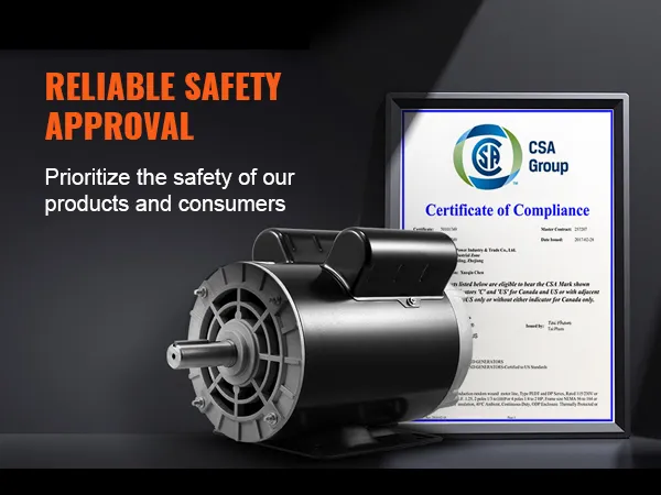 Motor compresor de aire VEVOR de 5 hp con certificado de grupo csa y texto de aprobación de seguridad.