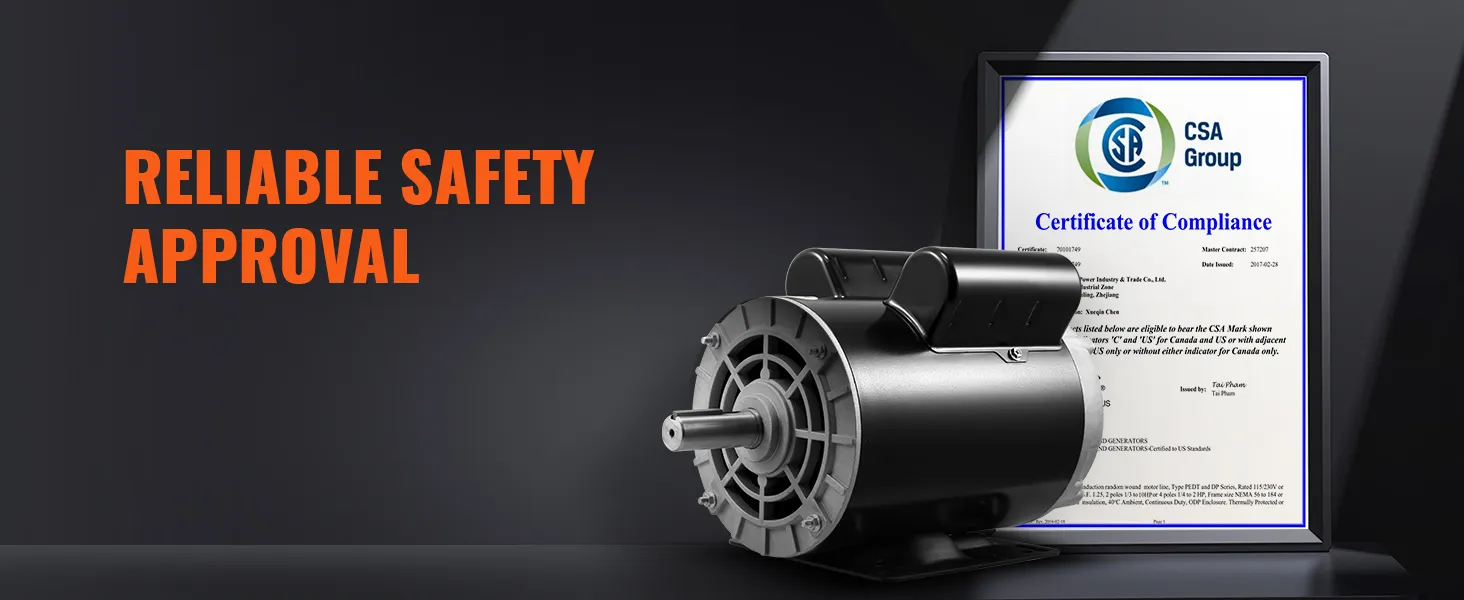 Motor compresor de aire VEVOR de 5 hp con certificado de grupo csa y texto de aprobación de seguridad.