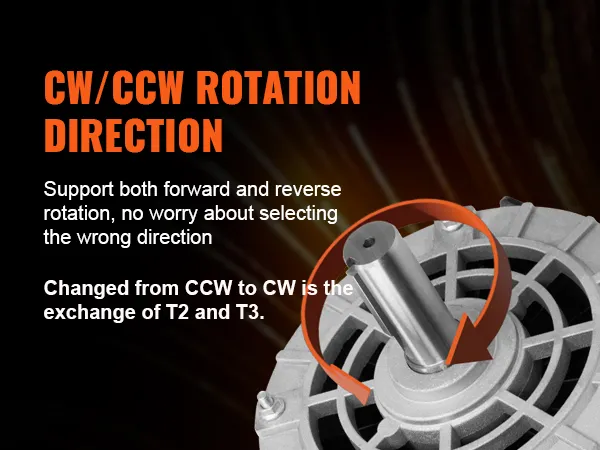 Motor compresor de aire VEVOR de 5 hp que muestra la dirección de rotación cw/ccw y las conexiones del cableado interno.