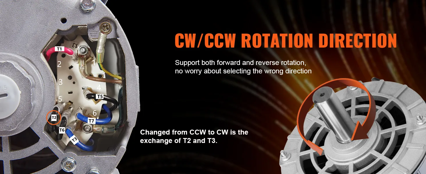 Motor compresor de aire VEVOR de 5 hp que muestra la dirección de rotación cw/ccw y las conexiones del cableado interno.