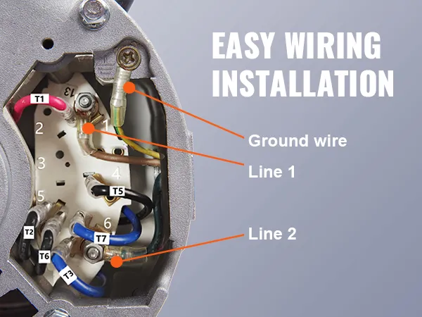 Vista de primer plano del cableado del motor del compresor de aire VEVOR de 5 hp, que muestra las conexiones y el diagrama de instalación.