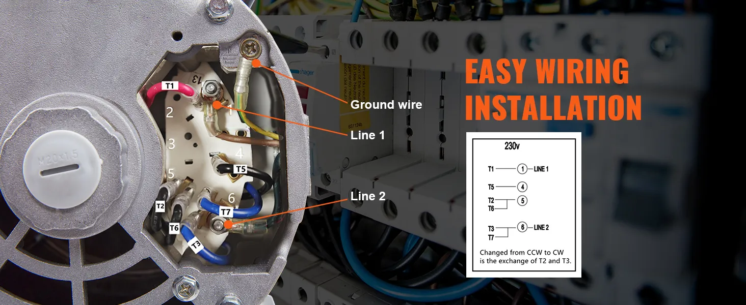 Vista de primer plano del cableado del motor del compresor de aire VEVOR de 5 hp, que muestra las conexiones y el diagrama de instalación.