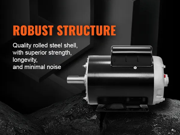 Motor compresor de aire VEVOR de 5 hp con estructura robusta, carcasa de acero laminado, diseño negro y plateado.