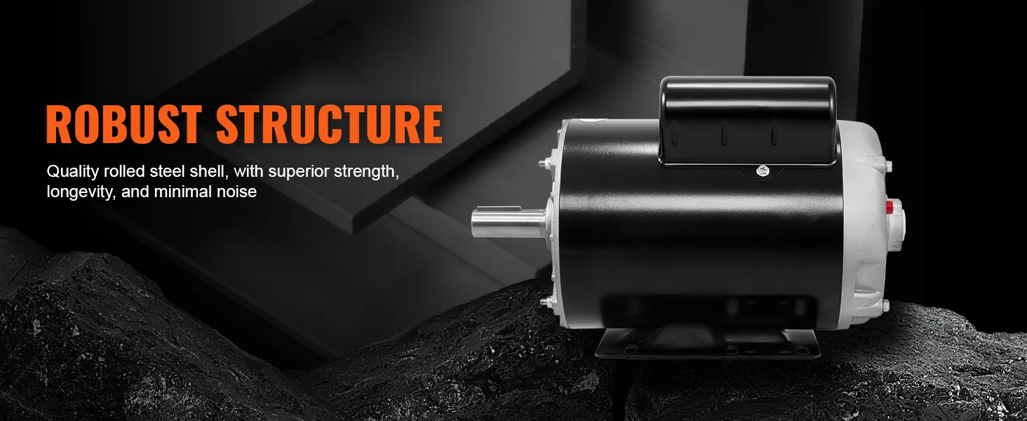 Motor compresor de aire VEVOR de 5 hp con estructura robusta, carcasa de acero laminado, diseño negro y plateado.