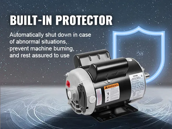 Motor compresor de aire VEVOR de 5 hp con protector incorporado sobre fondo estrellado.